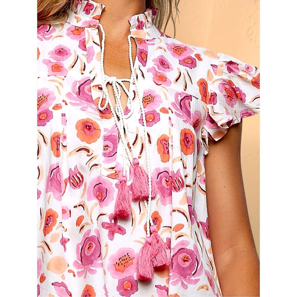 POL Floral Tassel Tie Flutter Sleeve Boho Cotton Blouse Pink Floral NEW - Picture 5 of 7